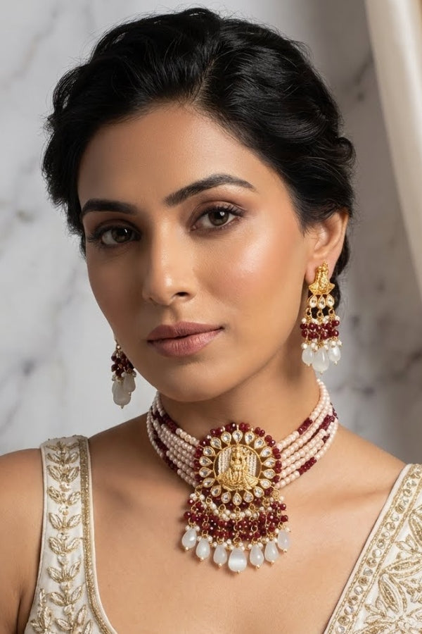 Temple Kundan Choker Necklace With Center Design And White Colour Pearls And Matching Earrings (CKS005W-Kundan)