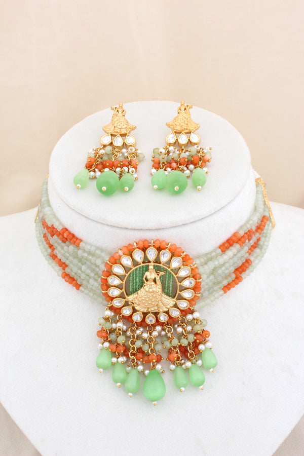Temple Kundan Choker Necklace With Center Design And Orange Colour Pearls And Matching Earrings (CKS005O-Kundan)