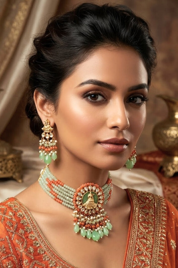 Temple Kundan Choker Necklace With Center Design And Orange Colour Pearls And Matching Earrings (CKS005O-Kundan)