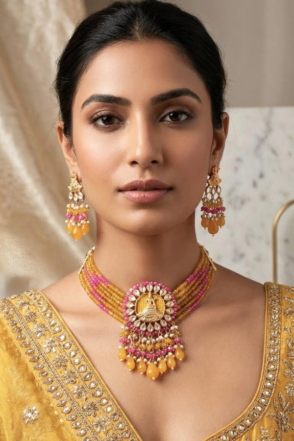 Temple Kundan Choker Necklace With Center Design And Yellow Colour Pearls And Matching Earrings (CKS005Y-Kundan)