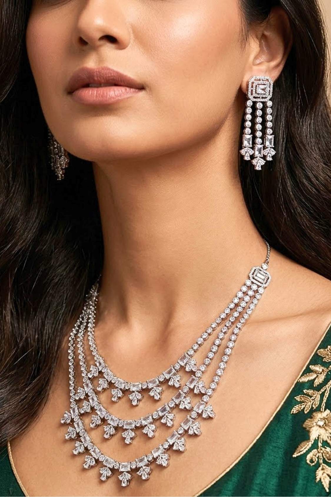 Large Mint Green Colour Stones American Diamond Necklace Set With Simple Earrings (NS008-AD-MG)
