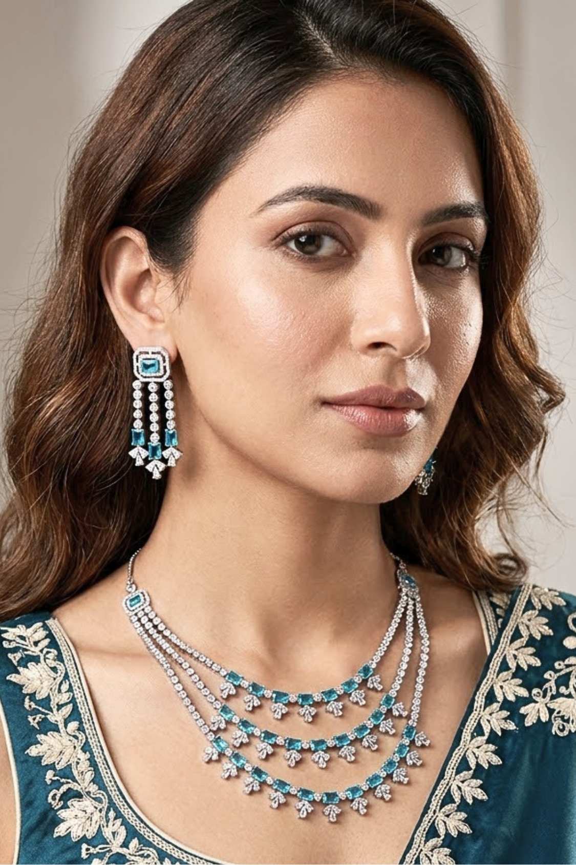 Large Pink Colour Stones American Diamond Necklace Set With Simple Earrings (NS008-AD-P)