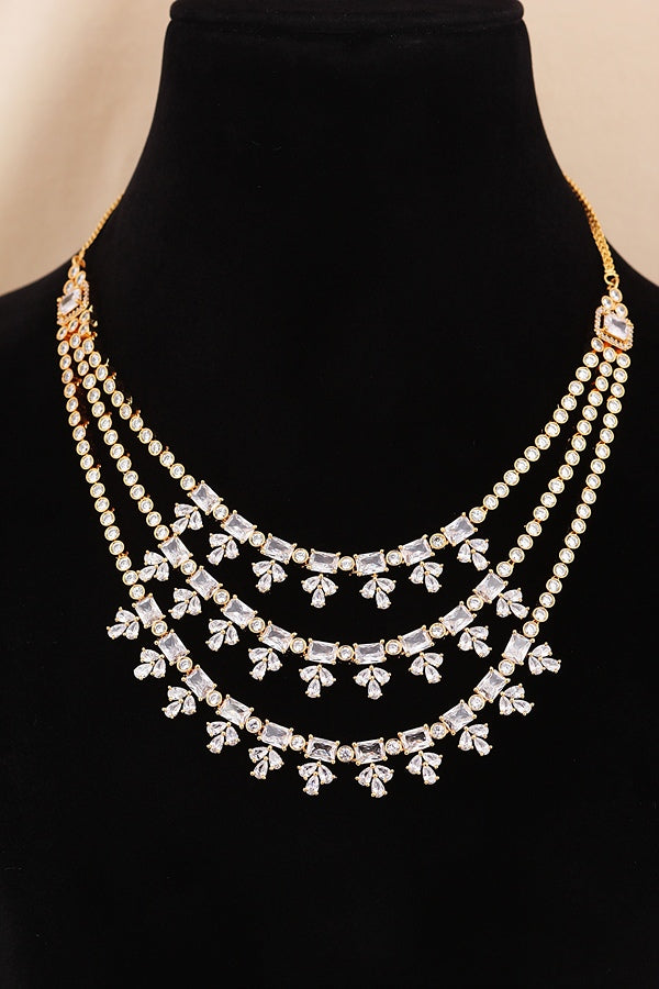 Large Peach Colour Stones American Diamond Necklace Set With Simple Earrings (NS008-AD-PE)