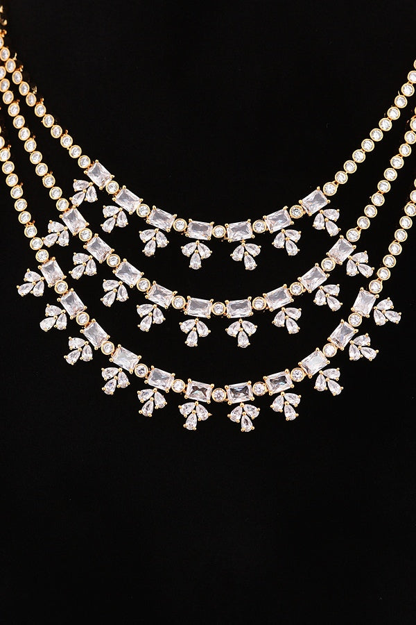 Large Peach Colour Stones American Diamond Necklace Set With Simple Earrings (NS008-AD-PE)