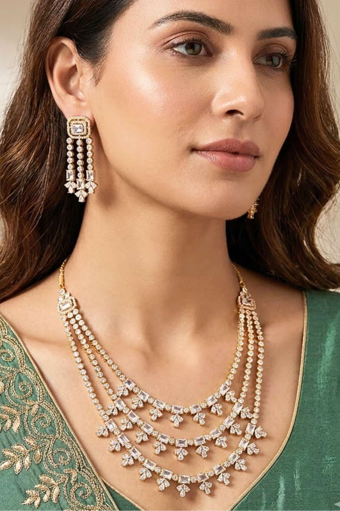 Large Peach Colour Stones American Diamond Necklace Set With Simple Earrings (NS008-AD-PE)