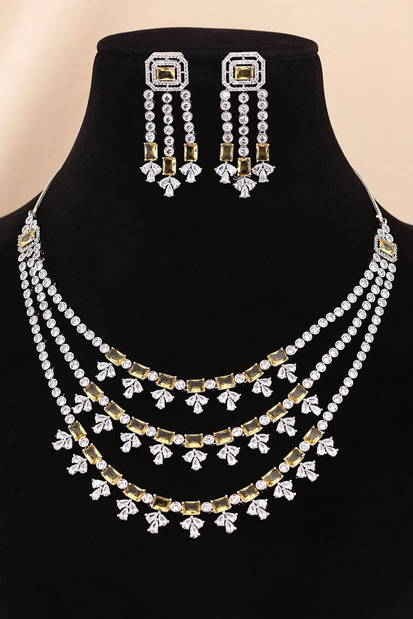 Large Green Colour Stones American Diamond Necklace Set With Simple Earrings (NS008-G)