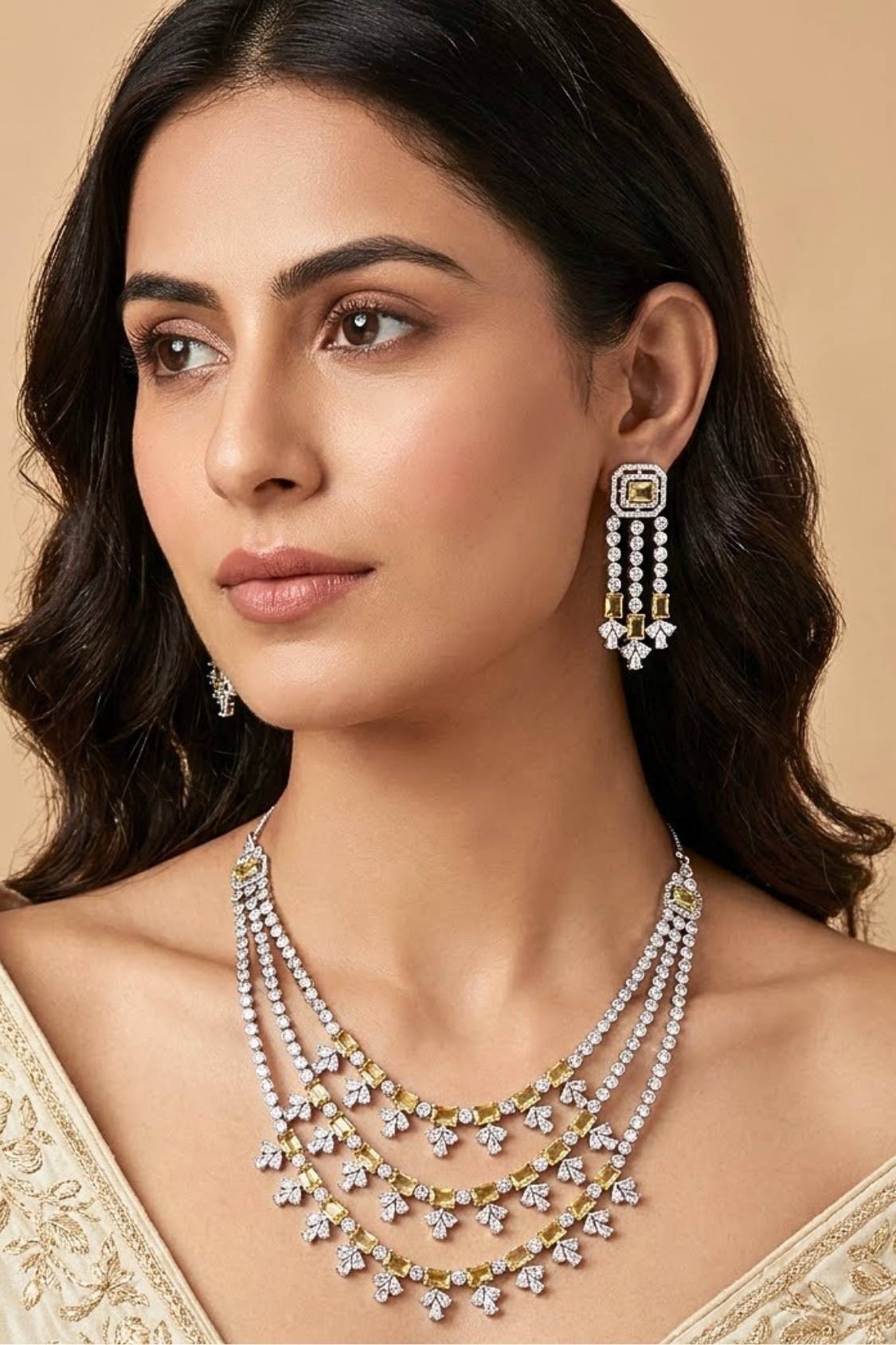 Large Green Colour Stones American Diamond Necklace Set With Simple Earrings (NS008-G)