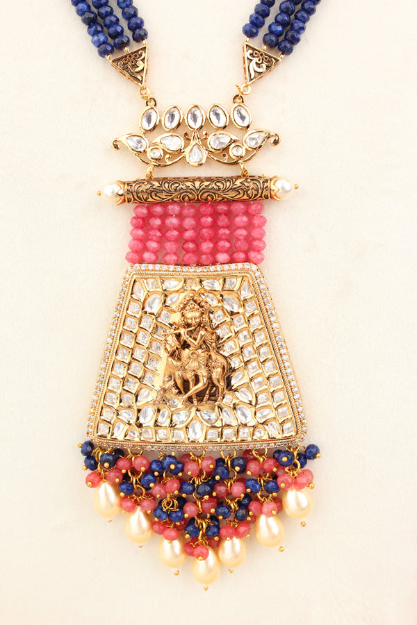 Triple Ranks Of Crystals Blue Color Beads With Krishan Ji As Center And Also In Earrings  (LKN007B-Kundan)