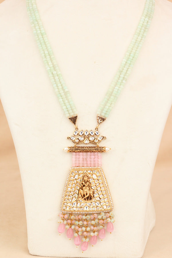 Triple Ranks Of Crystals Mint Green And Pink Color Beads With Krishan Ji As Center And Also In Earrings  (LKN007P-Kundan)