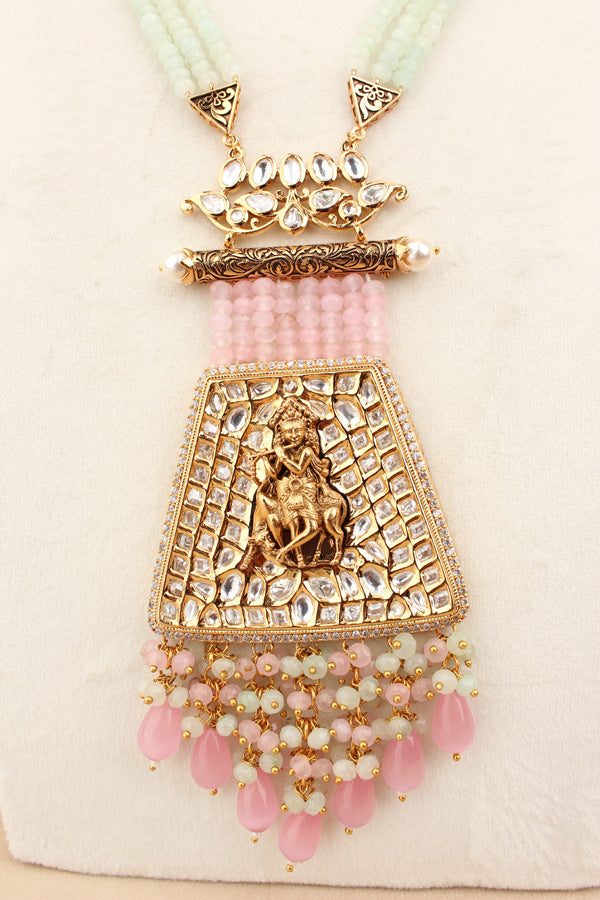 Triple Ranks Of Crystals Mint Green And Pink Color Beads With Krishan Ji As Center And Also In Earrings  (LKN007P-Kundan)