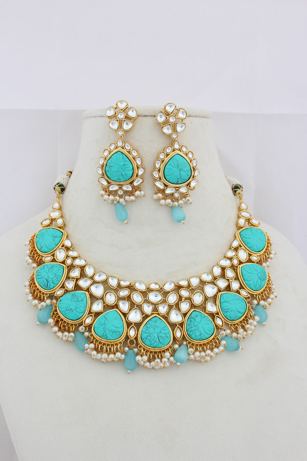Turquoise Blue Kundan Necklace Set With Matching Earrings (IGNK008)