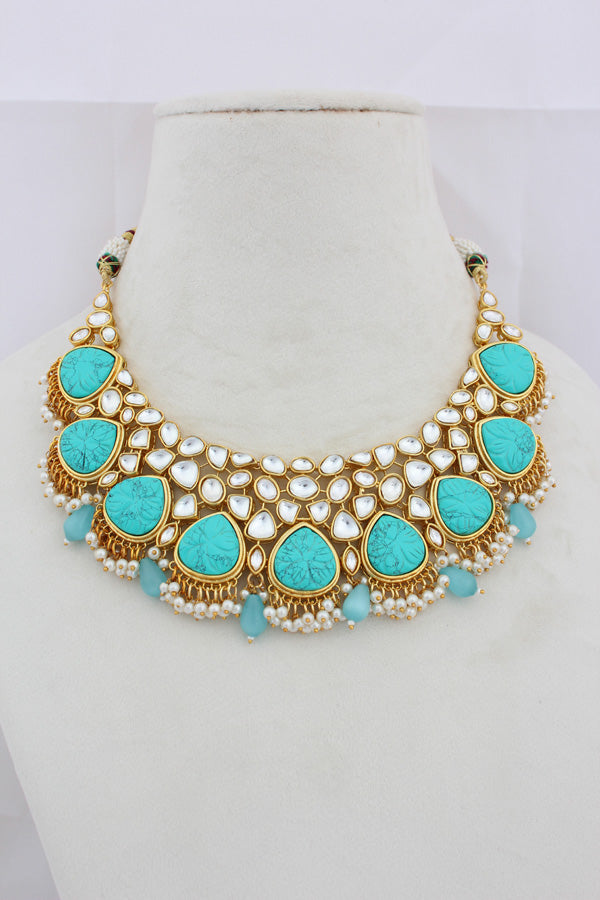 Turquoise Blue Kundan Necklace Set With Matching Earrings (IGNK008)