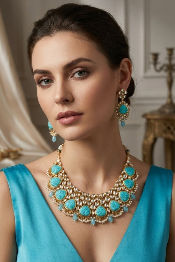 Turquoise Blue Kundan Necklace Set With Matching Earrings (IGNK008)