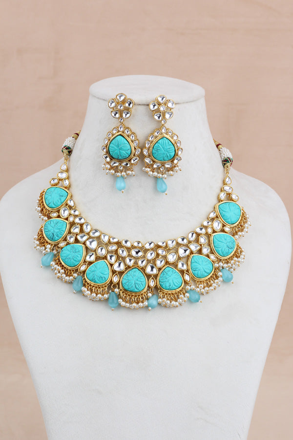 Turquoise Blue Kundan Necklace Set With Matching Earrings (IGNK008)