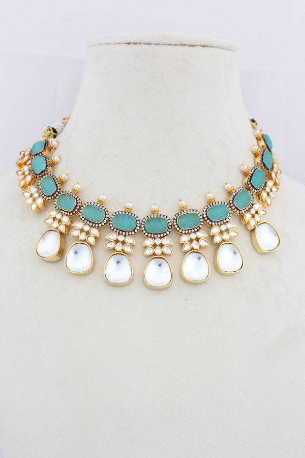 Turquoise Blue Necklace In Kundan With Earrings And Tikka (IGNK007)