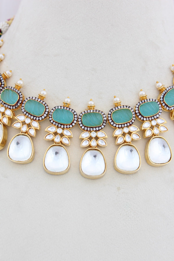 Turquoise Blue Necklace In Kundan With Earrings And Tikka (IGNK007)