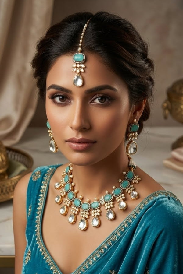 Turquoise Blue Necklace In Kundan With Earrings And Tikka (IGNK007)