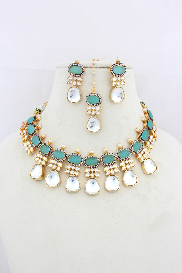 Turquoise Blue Necklace In Kundan With Earrings And Tikka (IGNK007)