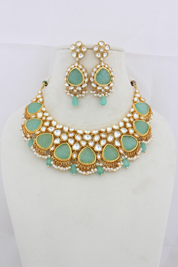 Turquoise Green Kundan Necklace Set With Matching Earrings(IGNK008)