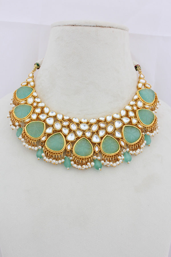 Turquoise Green Kundan Necklace Set With Matching Earrings(IGNK008)