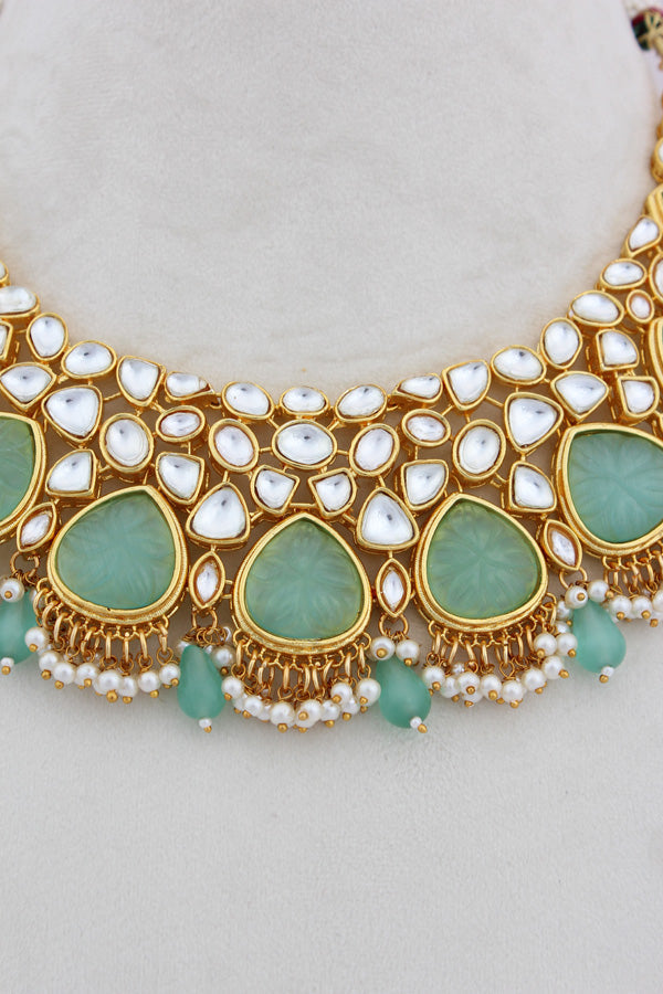 Turquoise Green Kundan Necklace Set With Matching Earrings(IGNK008)