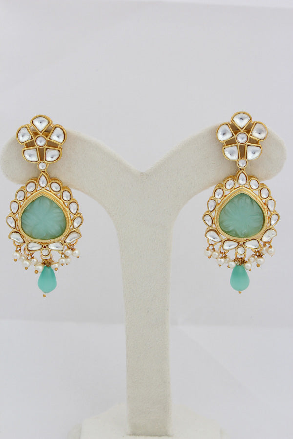 Turquoise Green Kundan Necklace Set With Matching Earrings(IGNK008)