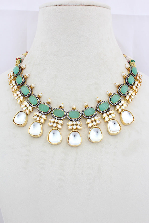 Turquoise Green Necklace In Kundan With Earrings And Tikka (IGNK007)
