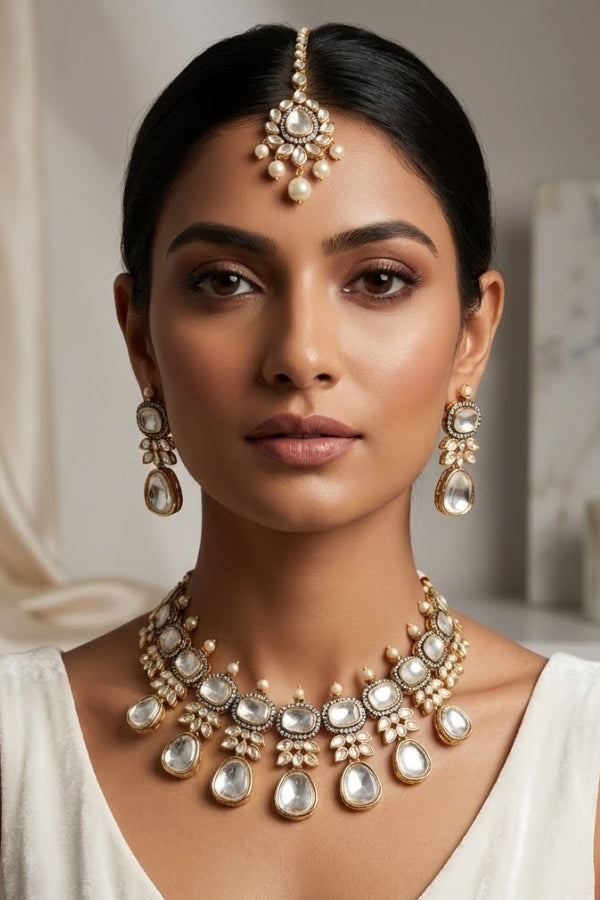 White Necklace In Kundan With Earrings And Tikka (IGNK007)
