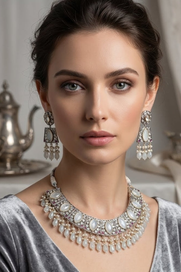 White Silver Polish Kundan Necklace Set With Earrings And Tikka(IGNK010)