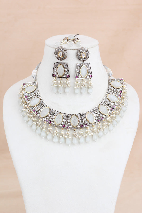 White Silver Polish Kundan Necklace Set With Earrings And Tikka(IGNK010)