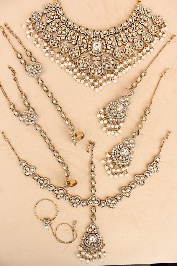 White Stone Bridal Necklace Set With White Pearls Attached  (BS010-White)