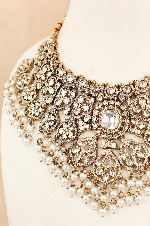 White Stone Bridal Necklace Set With White Pearls Attached  (BS010-White)