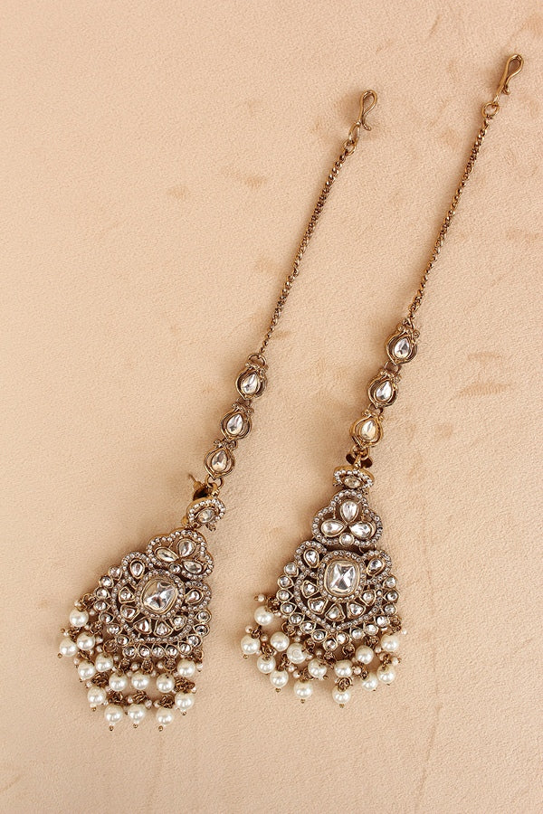 White Stone Bridal Necklace Set With White Pearls Attached  (BS010-White)