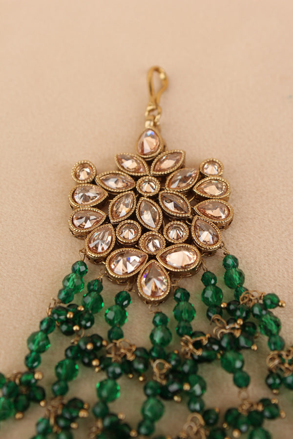 Wide And Large Passa With Polki Stones In Premium Quality And Green Colour Beads (PAS017-G)