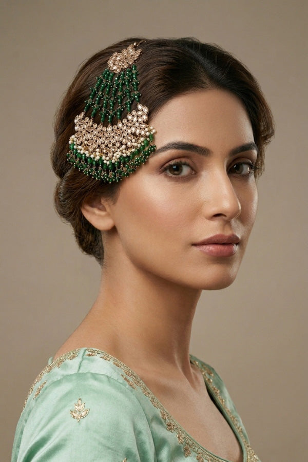 Wide And Large Passa With Polki Stones In Premium Quality And Green Colour Beads (PAS017-G)