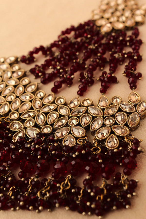 Wide And Large Passa With Polki Stones In Premium Quality And Maroon Colour Beads (PAS017-M)