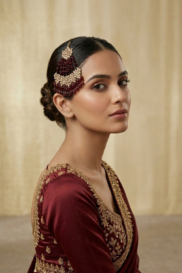 Wide And Large Passa With Polki Stones In Premium Quality And Maroon Colour Beads (PAS017-M)