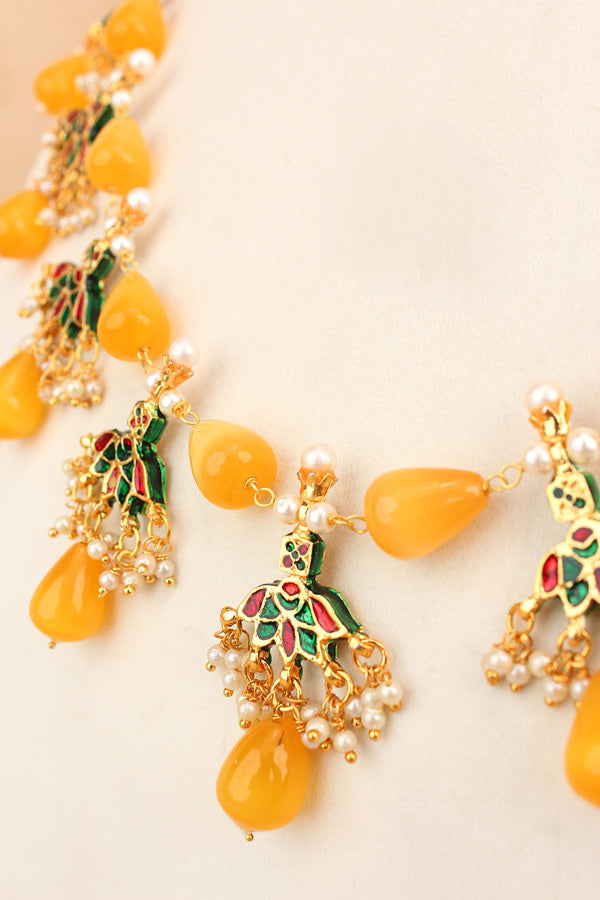 Yellow Colour Cat Eye Pearls With A Shiny Finish And Kundan Look Pendants Attached (MA007-Y)