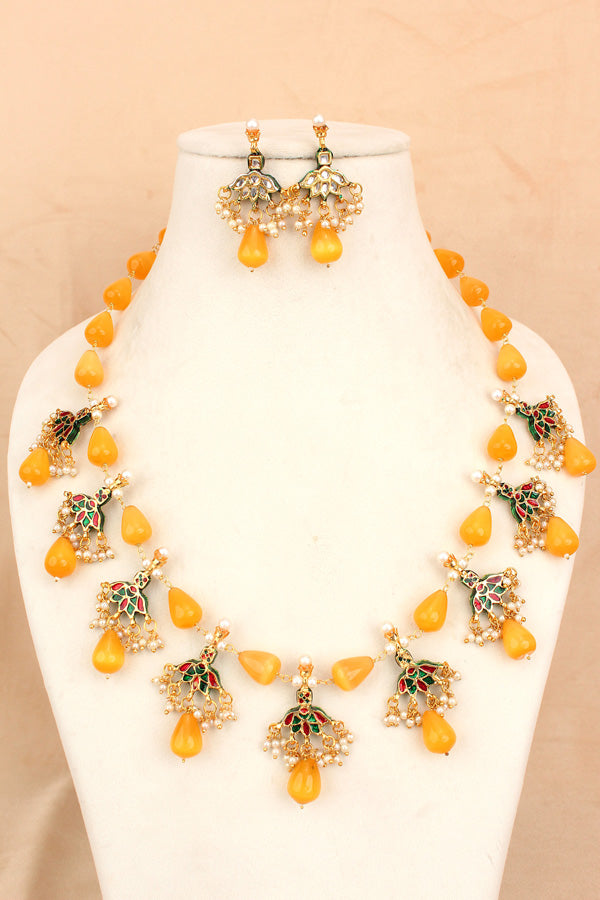 Yellow Colour Cat Eye Pearls With A Shiny Finish And Kundan Look Pendants Attached (MA007-Y)